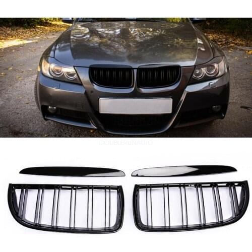Front Kidney Grille Hood Grills -Double Line for BMW E90 E91 323I 328I 335I 330I 325I 3-Series 2005-2008 (Gloss Black)