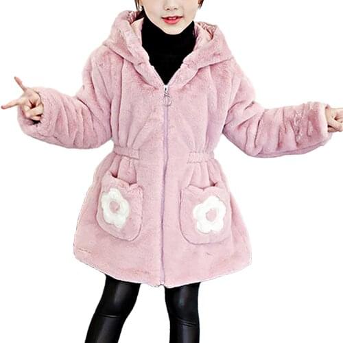 Thick Keep Warm Winter Jacket For Kids Girls Slim Waist Hooded Flower Print Plush Kids Outerwear Teenager Long Windbreaker Coat