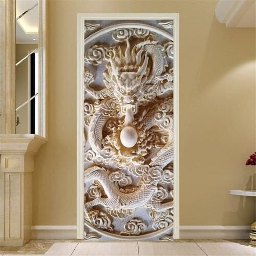 Jade Carving Relief Door Stickers European Style Living Room Bedroom Door Mural Wallpaper PVC Waterproof Wall Decals Home Decor
