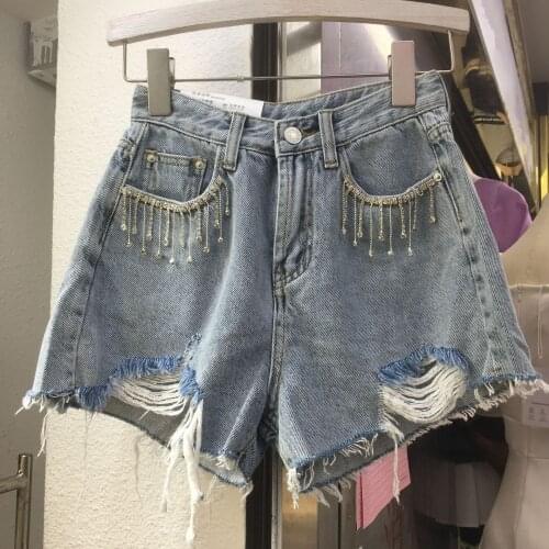 Diamond Tassel Denim Shorts Female Summer 2021 New Ins Fashion High Waist Thin Hot Pants Loose Wide-Leg Short Jeans Y1256