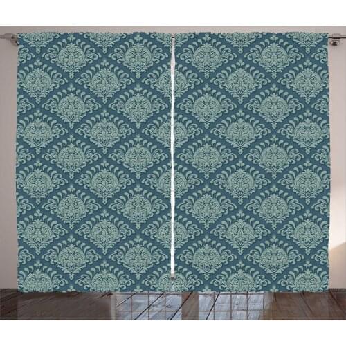 Damask Teal Curtains Blue Tones Ethnic Boho Artwork Satin Fabric Drapes for Living Room Bedroom 2 Panel Window Set
