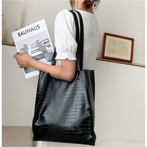 Stylish Bucket Bag for Women Shopper Tote Luxury Crocodile Pattern Leather Large Handbags and Purses Black Shoulder 2021 New