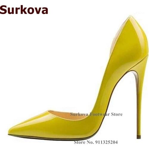Surkova 12cm Thin High Heel Pointed Toe Shoes Irregular Cut Shallow Bridal Pumps Slip-on Patent Leather Gladiator Footwear US13