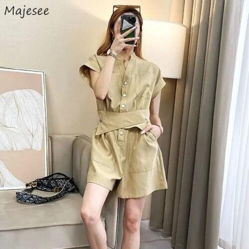Rompers Women Khaki Cargo Style Harajuku Leisure Fashion Button High-waist New Designer Mujer Simple Korean Stylish Chic Female