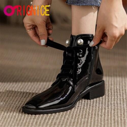 Orignice 2022 Autumn New Women Motorcycle Ankle Boots Pearl Decora Fashion Square Toe Low Heel Lace Up Zipper Outdoor Shoes