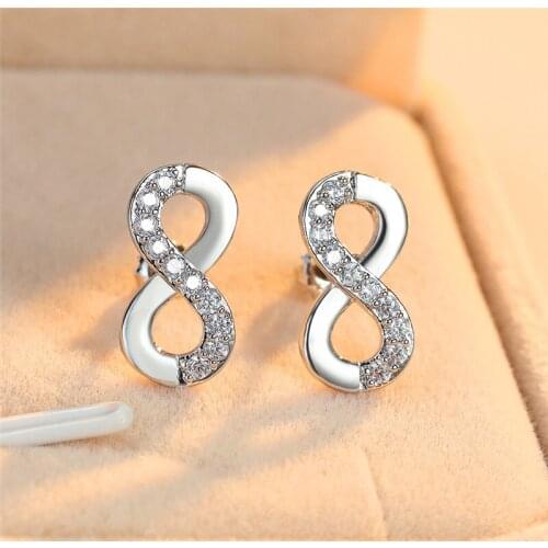 Cute Female White Crystal Stone Earring Charm Silver Color Wedding Earring Cute Small Infinity Stud Earrings For Women