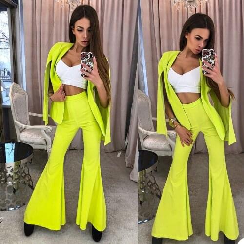 Spring Summer Streetwear Women Long Sleeve Blazer Flare Pants Suit Office Lady Tracksuit Fashion Two Piece Set Outfits