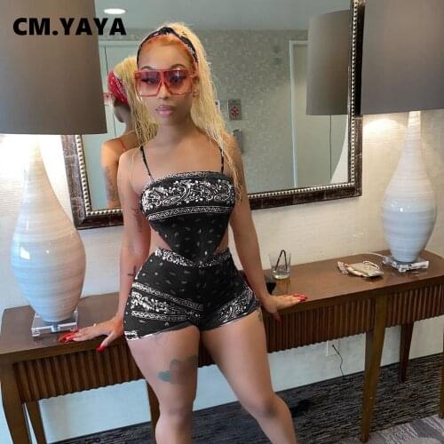 CM.YAYA Women Set Print Sleeveless Spaghetti Strap Crop Tops Sheath Elastic Shorts 2 Piece Set Fashion Tracksuit Summer Outfits
