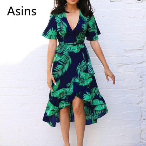 Asins dress woman 2019 summer new hot casual fashion deep v neck high waist printing short sleeve lacing sexy wild ruffles dress