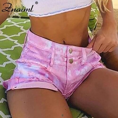 Znaiml Women Tie-Dye Denim Shorts Stretch Slim Push Up Hips Elastic Straight Double Button Short Jeans Female Casual Summer 2021