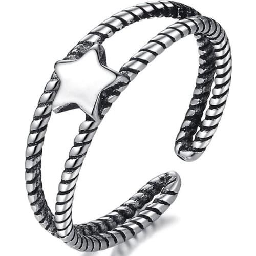Star Pentagram Double Layer Vintage Punk Adjustable Thai Silver Color Ring For Women Mens Korean Trendy Simple Jewelry S-R2217