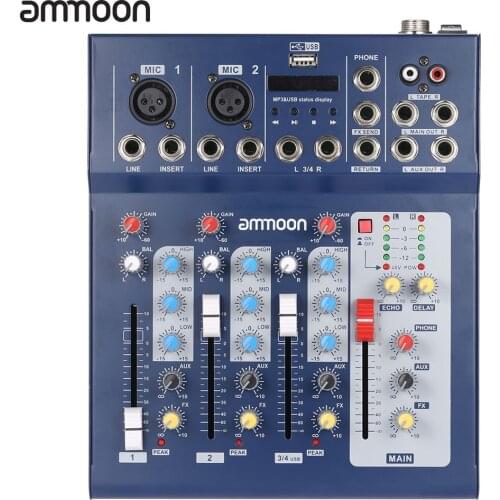 Ammoon F4-USB 3 Channel Digital Mic Line Audio Mixing Mixer Console with 48V Phantom Power for Recording DJ Music