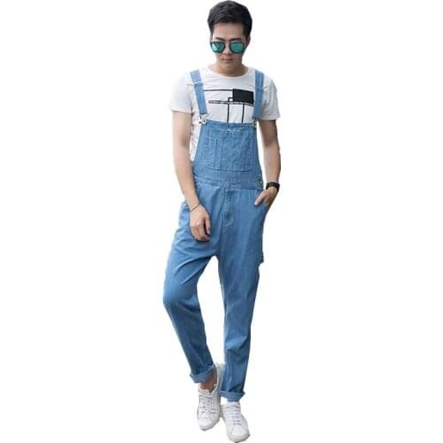 2020 New Mens Jeans Bib Mens Casual Siamese Shorts Dark Blue Denim Overalls Long Jeans Womens Workwear Size 26-38 40 42 44 46
