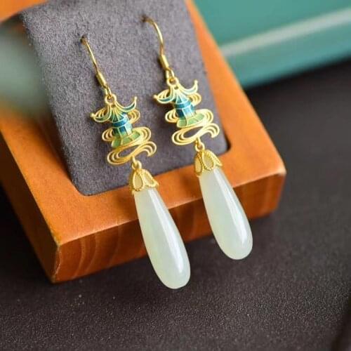 Natural Hetian Jade Water Drop Earrings Face Slimming Temperament S925 Sterling Silver Earrings Ornament