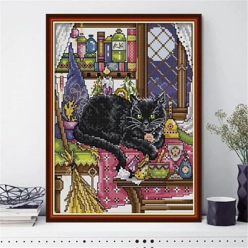 HUACAN Embroidery Cross Stitch Cat Animal Needlework Sets For Full Kits White Canvas DIY Home Decor 14CT