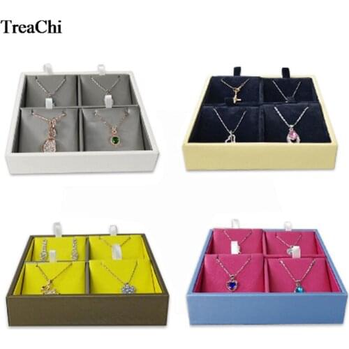 Red PU Pendant Jewelry Display Tray Case Wooden Fashion Color 4 Grids Necklace Earring Storage Organizer Display Accessorie Box