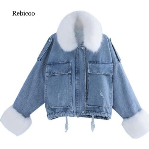 Winter Denim Jacket Women Soft Fur Liner Jeans Jacket Fur Collar Outwear Vintage Plus size Loose Thick Warm Jean Coat