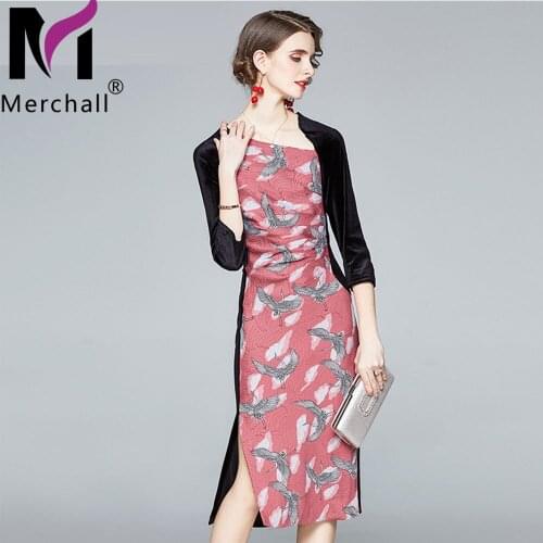 Runway Designer Vintage Elegant Bodycon Midi Dress Female Velvet Patchwork Irregular Collar Sexy Side Slit Party Dresses M53650
