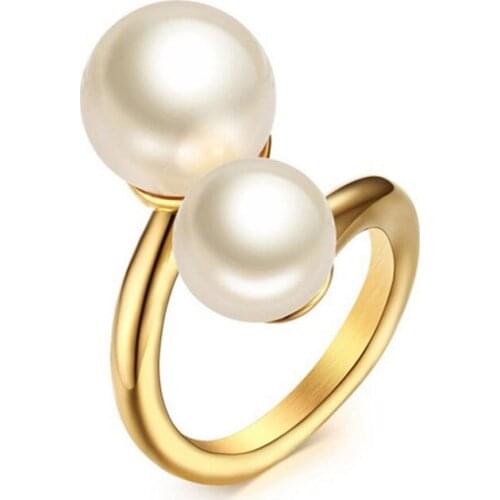 Fashion Gold Color Simulated Pearl Rings For Woman Accent Bypass Open Stainless Steel Party Jewelry
