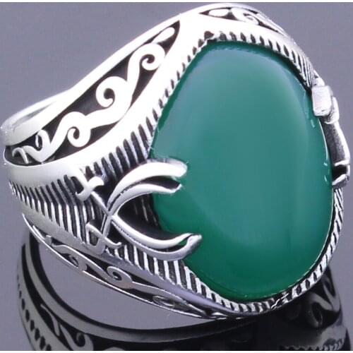 Solid 925 Sterling Silver Sword Oval Green Agate Stone Mens Ring