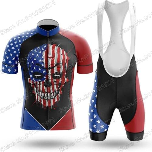 USA Flag Skull Mens 2021 Cycling Jersey Set Summer Bicycle Clothing Road Bike Shirts Suit Bicycle Bib Shorts MTB Ropa Maillot