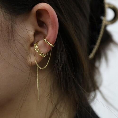New Simple Gold Metal Asymmetry Long Tassel No Piercing Ear Cuff Crystal Hook Clip Earrings for Women Jewelry Gift