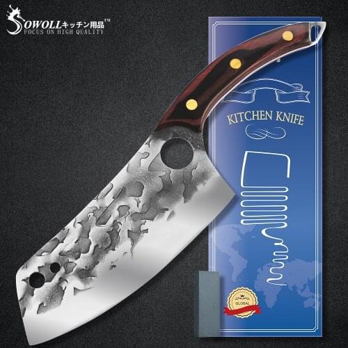 Sowoll 7.5 INCH High Carbon Steel Cleaver Butcher Knife Full Tnag Slaughter Fillet Boning Knife New Year Gift Sharpening Stone