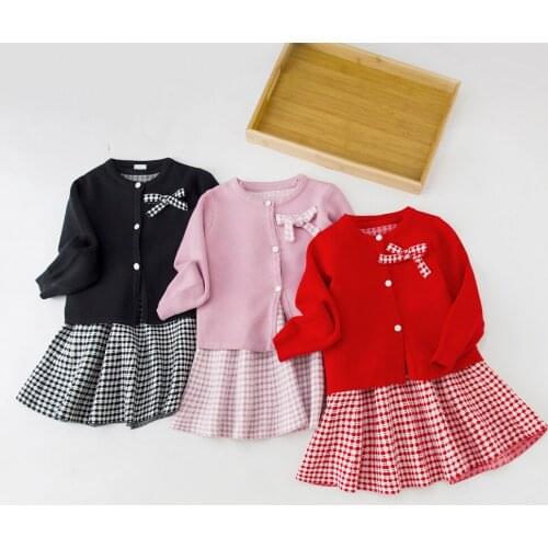 LZH Autumn winter baby girl clothes lattice Clothing for girls sets Knit sweater coat dress outfit for kids suit Childrens suit