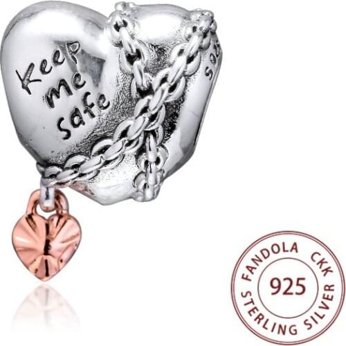 Fits Pandora Bracelet Argent Charm 925 Sterling Silver Chained Heart Keep Me Safe Charms Beads for Jewelry Making kralen