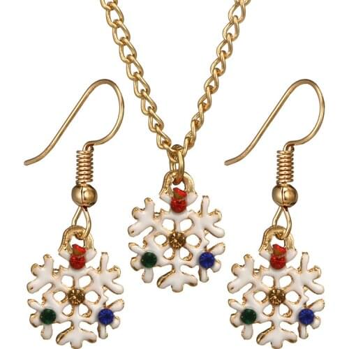Christmas Snowflake Necklace Earring Set Colorful Rhinestone Cute Snow Flake Necklaces For Kids Gold Chain Party Xmas Gifts