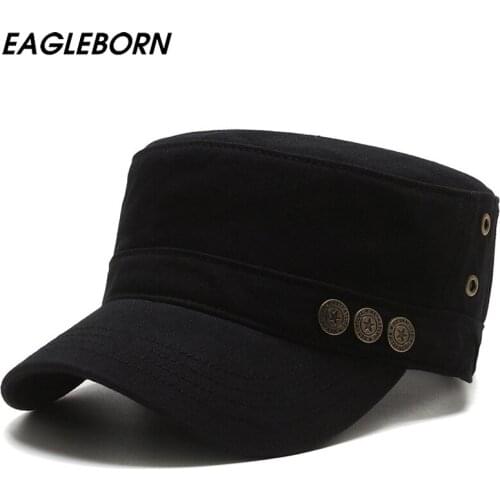 New Men Military Hat Flat-top Sun-shading Sunscreen Military Hat Star Button Design Casual Captain Seaman Cotton Dad Hat Caps