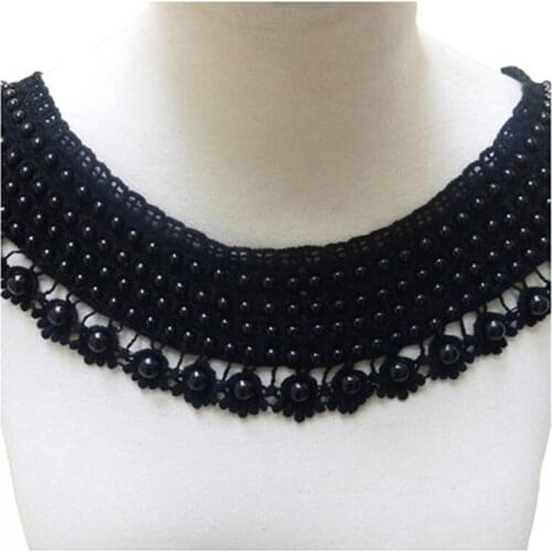 Shidao 1Piece 41X8cm Black Polyester Beaded Floral Flower Motif Venice Lace Collar Trim Appliqued For Lady Dress Decoration