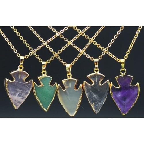 Mixed Stones Amethys t/Clear Quartz/Green Aventurine Arrow Pendants Necklaces Of Gold Plating Approx 20*35 mm