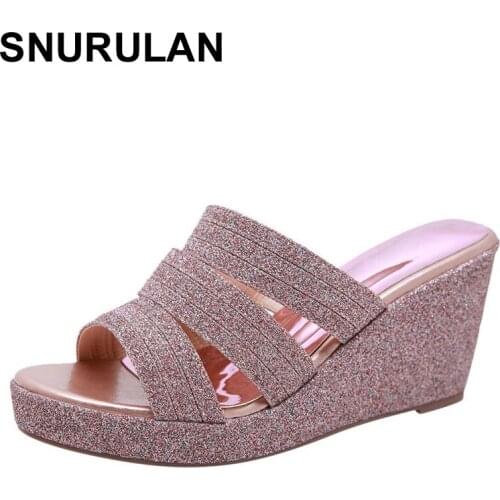 SNURULANFashion Solid Thick Bottom Wedge slippers Sandals Platform High Heels Women Slipper Outside Shoes glisten Open-toed Roma