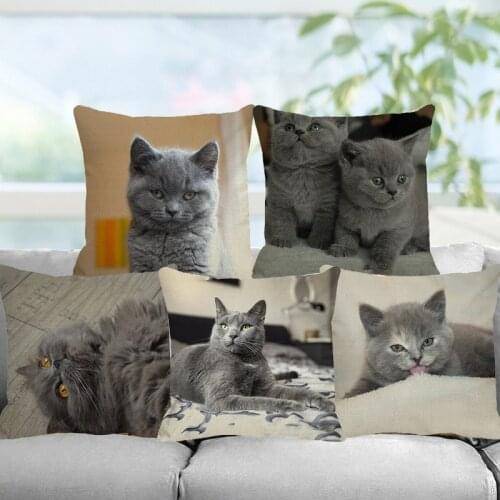 XUNYU 45x45cm Kids Room Decoration Cute Pet Pillowcase Cute Grey Cat Linen Cushion Cover for Sofa Home Decoration Pillowcase