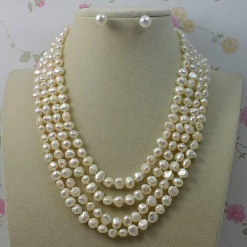Genuine Baroque Pearl Jewelry Set Natural Freshwater Pearl Necklace Earrings 7-8mm 4 Rows Magnet Clasp Fine Jewelry For Woman