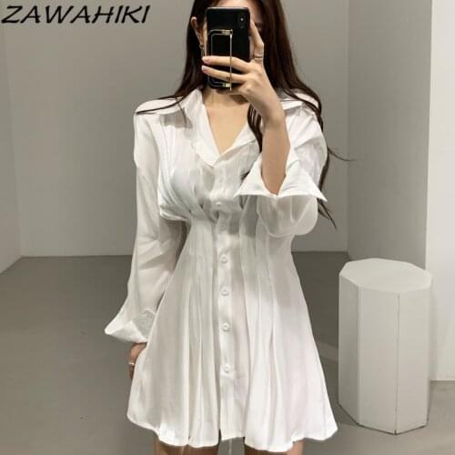 ZAWAHIKI Womens Clothes Long Sleeve Shirt Dress Slim Solid High Waist Vestidos Mujer Turn Down Collar drawstring Mini Dresses