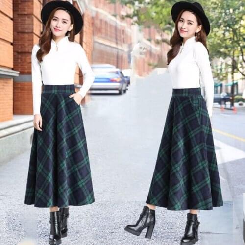 Autumn Winter 2021 New Printed Plaid Womens Long Skirt Loose Large High Waist Girls' Versatile A-line Skirt Commuter Green