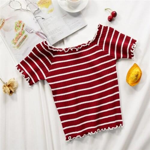 HELIAR Women Summer Stripes Flounce Hem Knitted T-Shirts Casual Tees Off shoulder Cute T-Shirts For Women