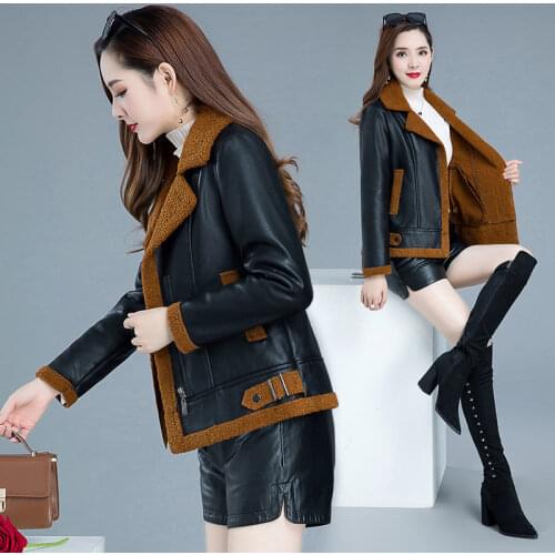 Winter Coats Women Thicken PU Leather Fur Coat Female Faux Sheepskin Lining Leather Jacket Aviator Jacket Casaco Feminino Y522