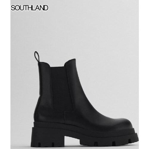 SOUTHLAND Winter leather women ankle boots slip on women boots lace up platform women booties