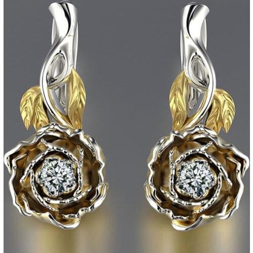 New Two-tone Earrings Fashion Peony Flower Earrings Womens Color Separation Zircon Ball Earrings