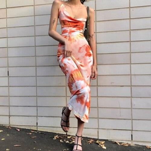 Tie Dye Print Fashion Sexy Backless Lace Up Casual Midi Dresses Sleeveless Club Party Holiday Spaghetti Strap Sundress 2021