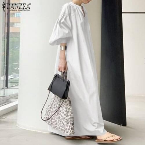 Fashion ZANZEA Women V Neck Lantern Sleeve Maxi Long Dress Autumn Spring Sundress Kaftan Solid Loose Party Vestidos Oversized