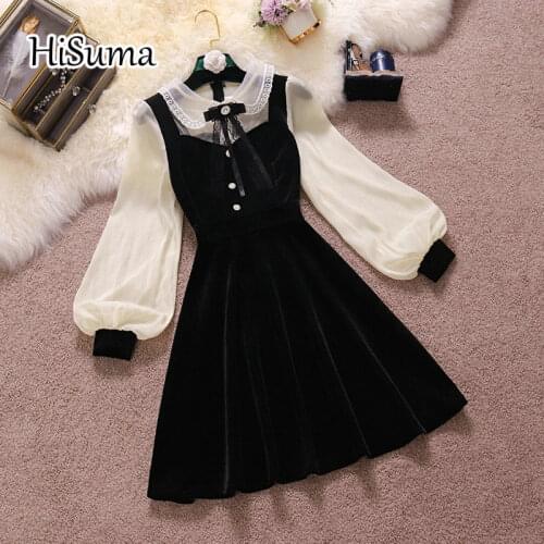 2021 Sping New Women Stand Collar Bow Lantern Sleeve Velvet With Mesh Lace A-line Dress Female Chic Elegant Waist Dresses