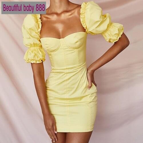 Meqeiss 2020 New Autumn Vintage Fashion Square Collar Ruffles Dress for Women Yellow Puff Sleeve Sexy Backless Dresses Slim