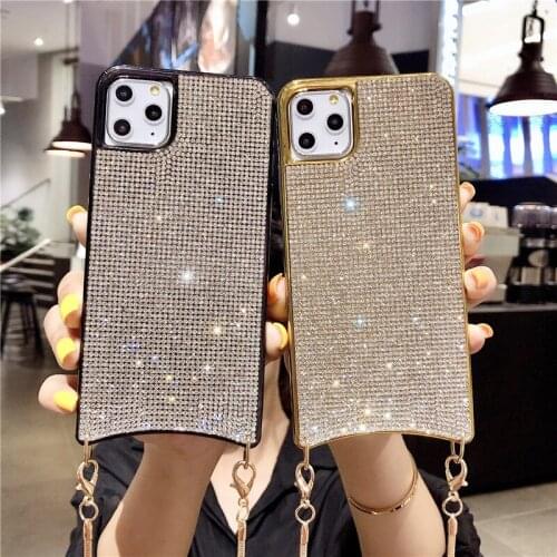 Crossbody strap chain electraplating crystal diamond glitter full cover mobile phone case cover for iphone 11 pro max xs xr 7 8