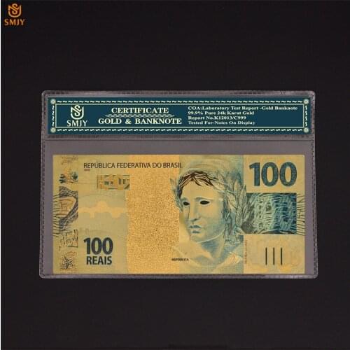 Colored Gold Banknotes Brazilian 100 Reais Banknotes With COA Frame in 24 Gold Plated Fake Money For Collection And Gifts