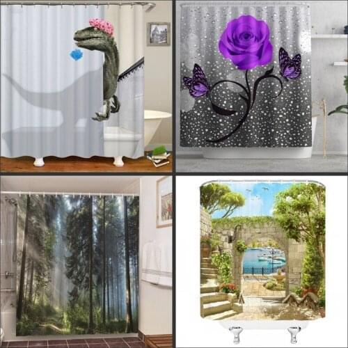 Scenery Shower Curtains Home Decor Dinosaur Flower Waterproof Fabric Bath Curtain 3D Bathroom Cover Screen Hotel Use Washable