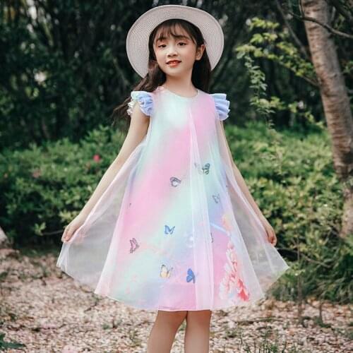 Childrens Rainbow Color Butterfly gauze skirt Korean fashion girls sleeveless dress summer new product
